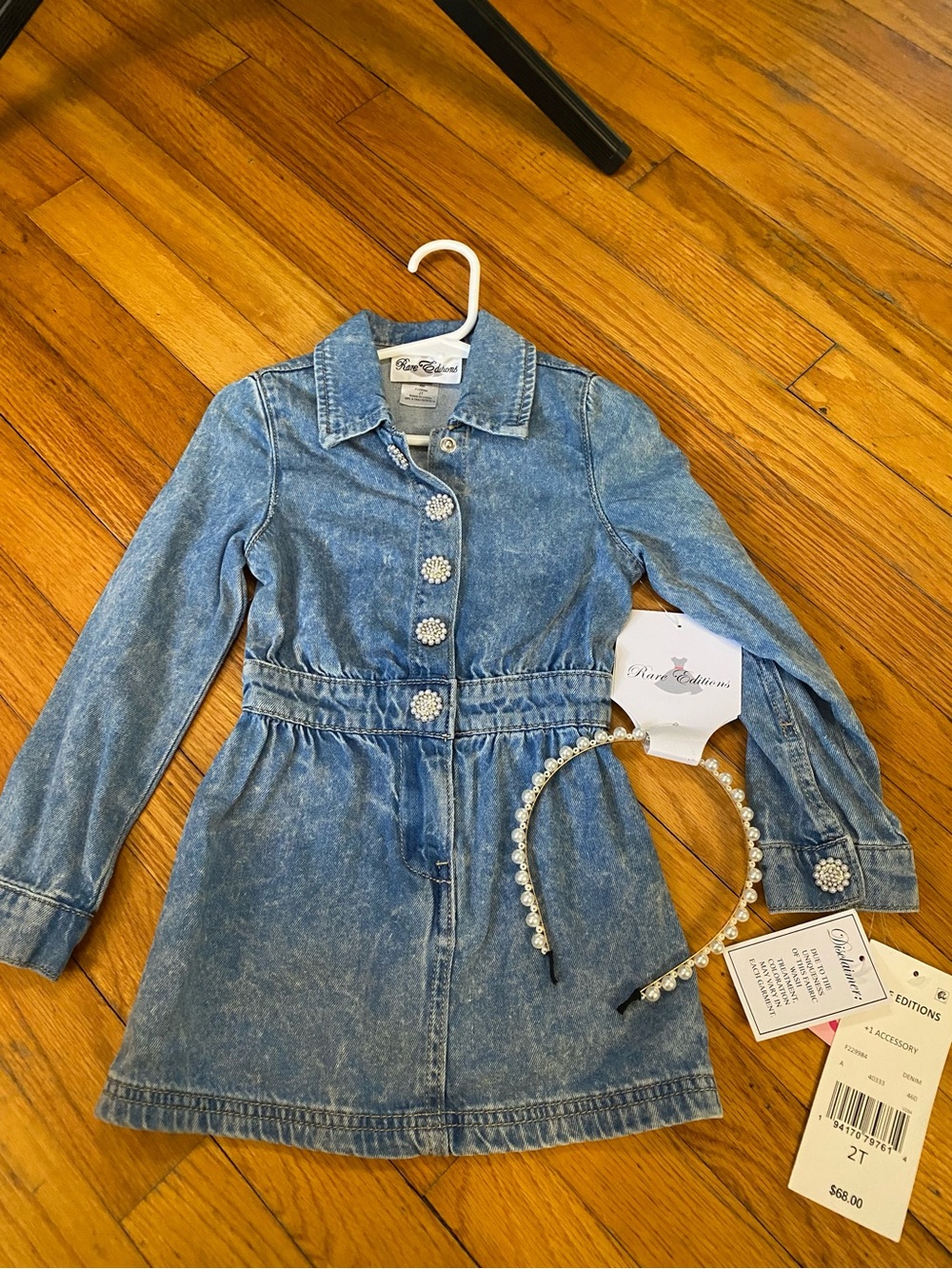 Rare Editions Light Blue Denim Dress with Crystal Buttons & Matching Headband 2T